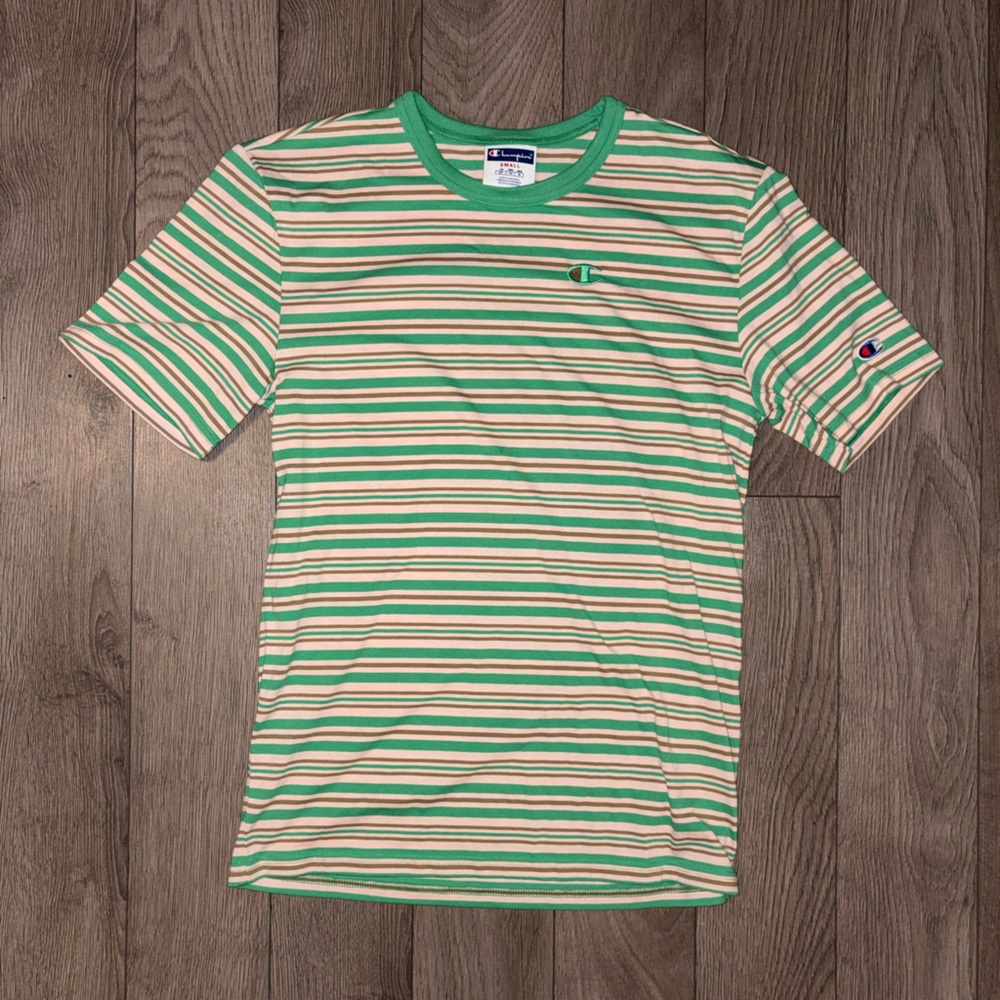 Champion Men's Green and Cream Striped Tee